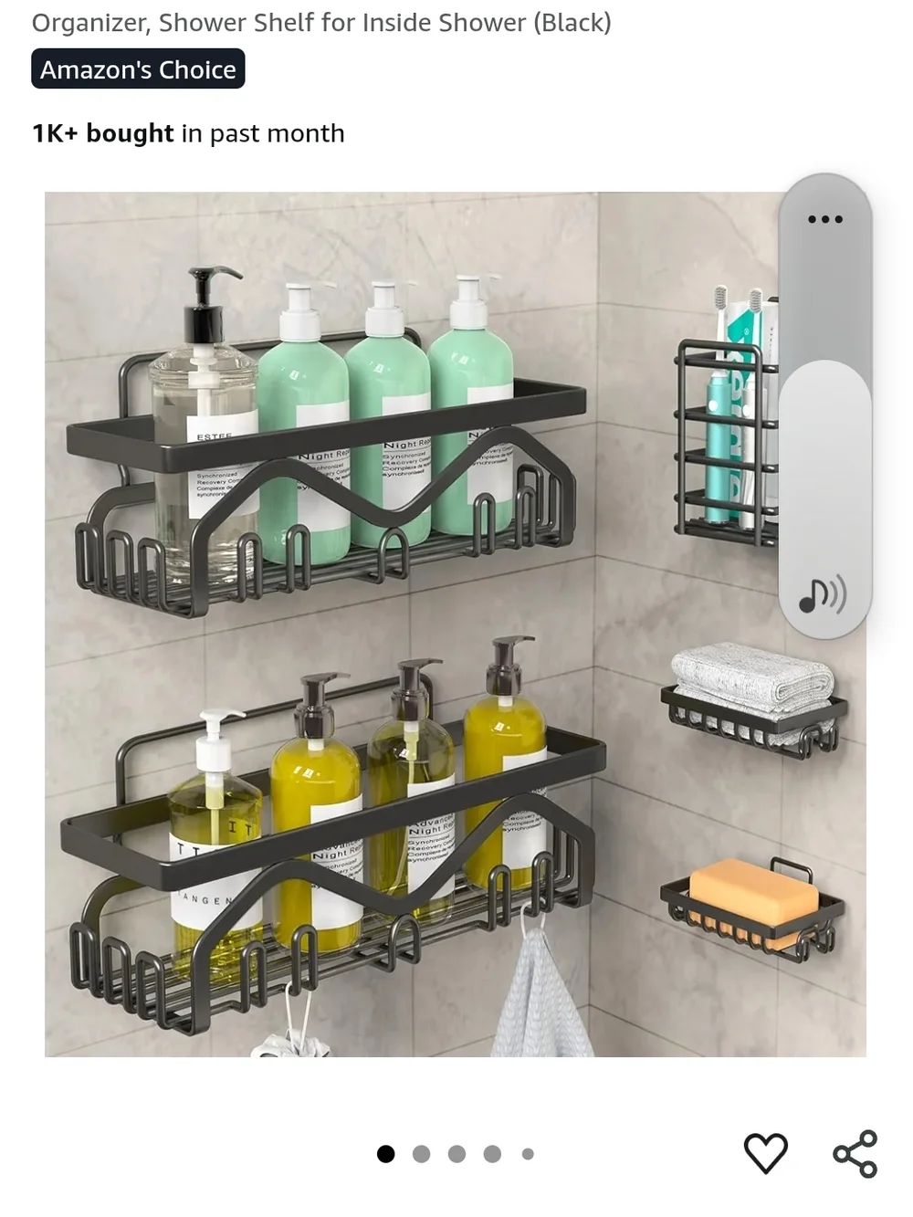 Black Metal Shower Caddy with 6 Hooks